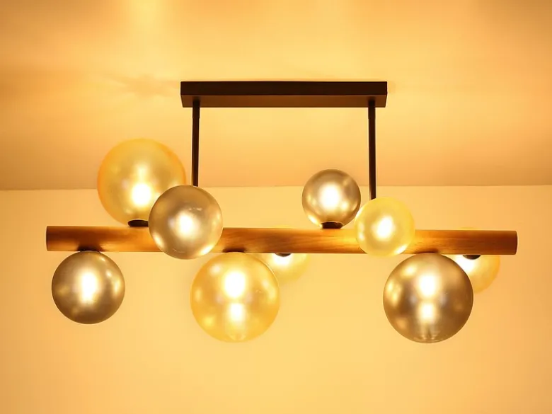 LED Deckenleuchte aus Holz 9-flammig Glaskugeln Rauchglas & Bernstein, B: 78cm