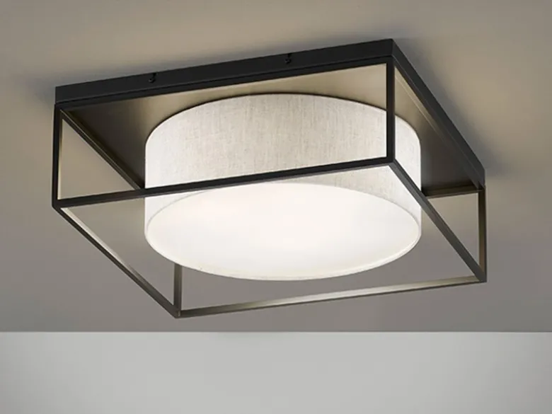 LED Deckenleuchte eckig groß mit Leinen Stoffschirm Beige, Quadrat 50cm