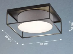 LED Deckenleuchte eckig groß mit Leinen Stoffschirm Grau, Quadrat 60cm