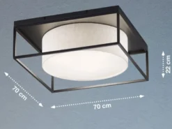 LED Deckenleuchte eckig groß mit Leinen Stoffschirm Beige, Quadrat 70cm