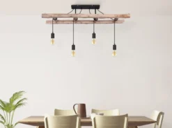 LED Deckenleuchte 4-flammig mit Leiter Holzbalken, Breite 115cm