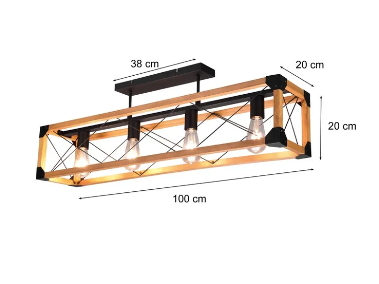 LED Deckenleuchte 4-flammig Schwarz mit Holzbalken, Breite 100cm
