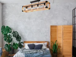 LED Deckenleuchte 4-flammig Schwarz mit Holzbalken, Breite 100cm
