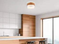 LED Deckenleuchte Holzlampe mit Stoffschirm Weiß, Ø 30cm
