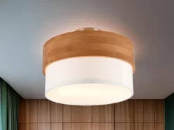 LED Deckenleuchte Holzlampe mit Stoffschirm Weiß, Ø 30cm