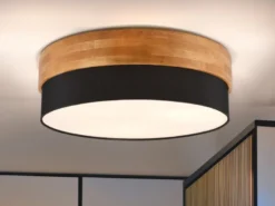 LED Deckenleuchte Holzlampe mit Stoffschirm Schwarz, Ø 50cm