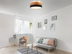 LED Deckenleuchte Holzlampe mit Stoffschirm Schwarz, Ø 50cm