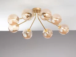 LED Deckenleuchte in Gold mit 8 Glaskugeln Bernsteinfarbig, Breite 88cm