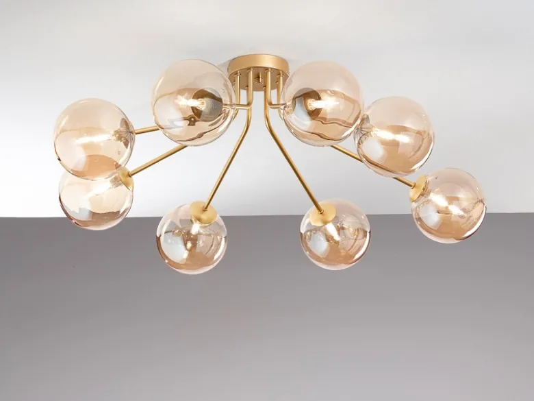 LED Deckenleuchte in Gold mit 8 Glaskugeln Bernsteinfarbig, Breite 88cm