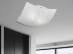 LED Deckenleuchte mit Glasschirm Weiß & Schriftdekor, Quadrat 40cm