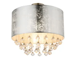 LED Deckenleuchte mit Stoff Lampenschirm Silber & Kristall Behang, Ø 40cm