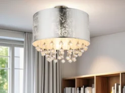 LED Deckenleuchte mit Stoff Lampenschirm Silber & Kristall Behang, Ø 40cm