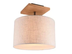 LED Deckenleuchte mit Stoffschirm in Beige und Naturholz Sockel, Ø 36cm
