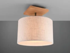 LED Deckenleuchte mit Stoffschirm in Beige und Naturholz Sockel, Ø 36cm