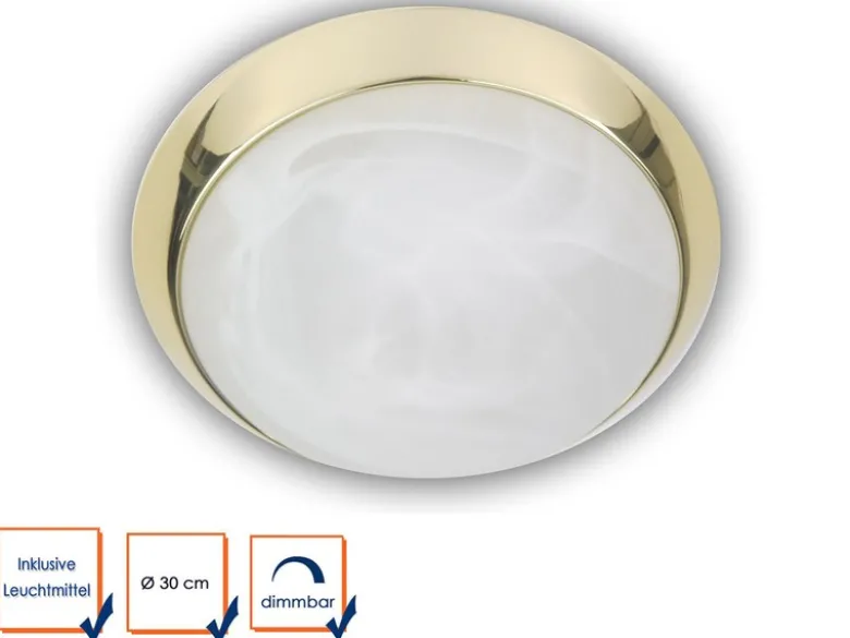 LED Deckenleuchte rund, Glas Alabaster, Dekorring Messing poliert, Ø 30cm