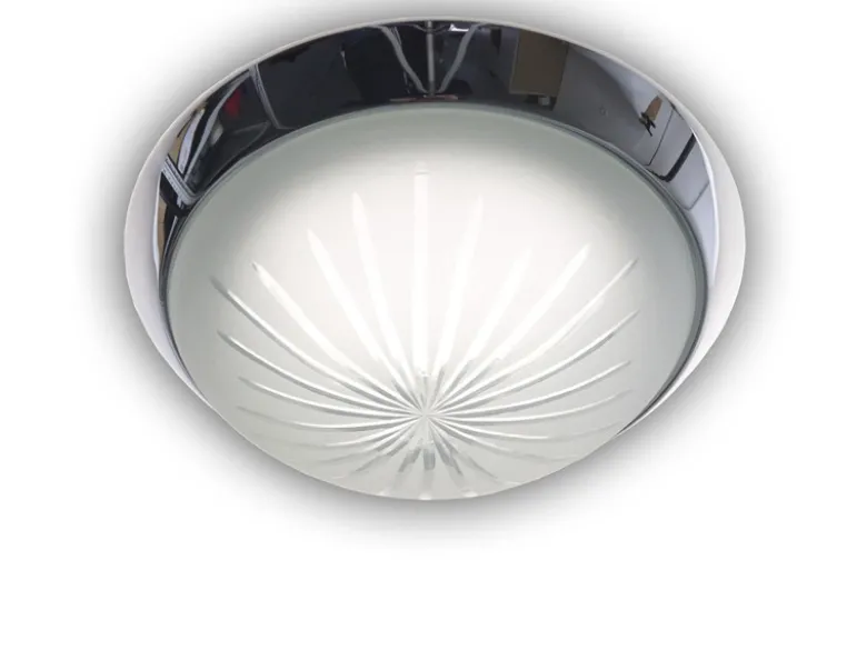 LED Deckenleuchte rund, Schliffglas satiniert, Dekorring Chrom, Ø 35cm