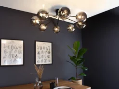 LED Deckenleuchte Schwarz mit 8 Glaskugeln Rauchglas, Breite 88cm