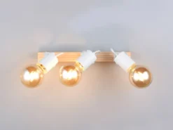 LED Deckenstrahler 3-flammig aus Metall Weiß mit Naturholz, Breite 42cm