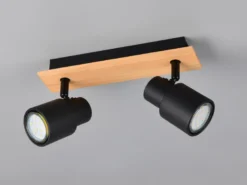 LED Deckenstrahler 2-flammig aus Metall in Schwarz mit Holz, Breite 31cm