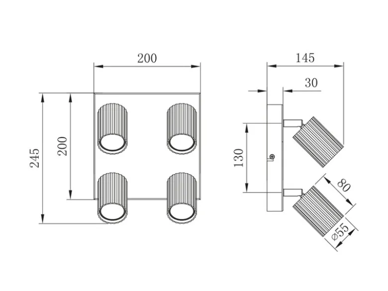 LED Deckenstrahler 4-flammig aus Metall Schwarz, Quadrat 20cm