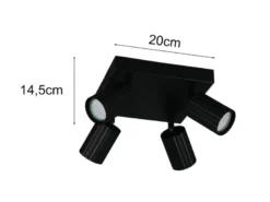 LED Deckenstrahler 4-flammig aus Metall Schwarz, Quadrat 20cm