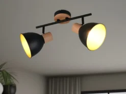 LED Deckenstrahler 2-flammig aus Metall in Schwarz/Gold & Holzoptik, B: 49cm