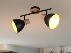 LED Deckenstrahler 2-flammig aus Metall in Schwarz/Gold & Holzoptik, B: 49cm