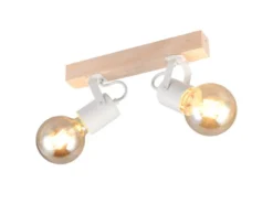 LED Deckenstrahler 2-flammig aus Metall Weiß mit Naturholz, Breite 31cm