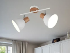 LED Deckenstrahler 2-flammig aus Metall in Weiß & Holzoptik, Breite 49cm
