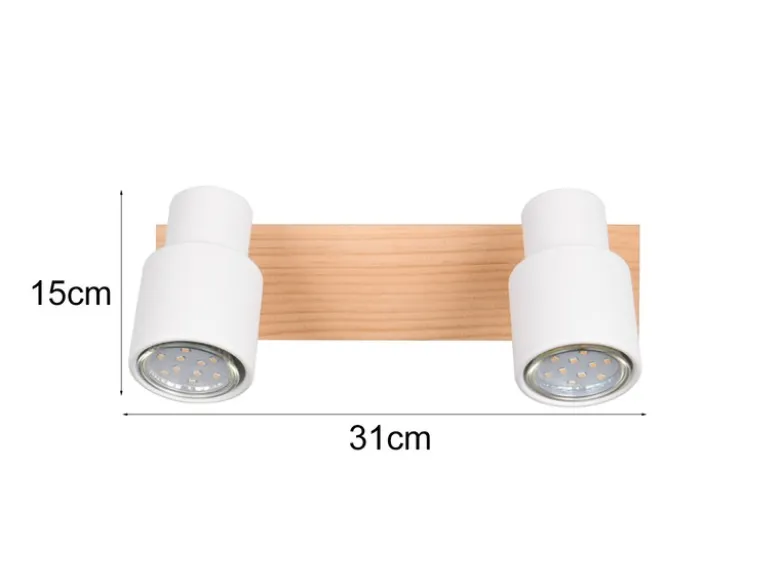 LED Deckenstrahler 2-flammig aus Metall in Weiß mit Holz, Breite 31cm
