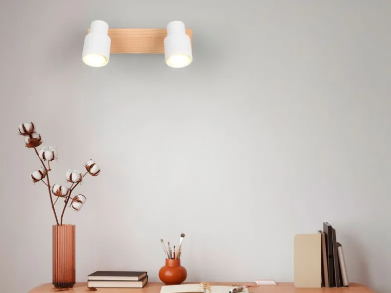 LED Deckenstrahler 2-flammig aus Metall in Weiß mit Holz, Breite 31cm