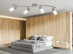 LED Deckenstrahler 4-flammig dimmbar, Silber mit Dekorglas, Breite 79cm
