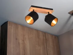 LED Deckenstrahler 2-flammig Holz, Stoffschirme Schwarz Gold, Breite 28cm