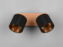 LED Deckenstrahler 2-flammig Holz, Stoffschirme Schwarz Gold, Breite 28cm
