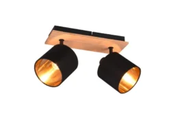 LED Deckenstrahler 2-flammig Holz, Stoffschirme Schwarz Gold, Breite 28cm