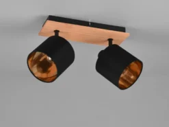 LED Deckenstrahler 2-flammig Holz, Stoffschirme Schwarz Gold, Breite 28cm