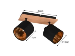 LED Deckenstrahler 2-flammig Holz, Stoffschirme Schwarz Gold, Breite 28cm
