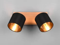 LED Deckenstrahler 2-flammig Holz, Stoffschirme Schwarz Gold, Breite 28cm