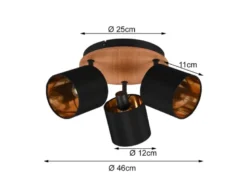 LED Deckenstrahler 3-flammig Holz & Stoffschirme Schwarz Gold, Ø 25cm