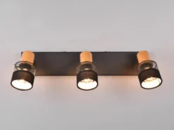 LED Deckenstrahler 3-flammig, Holz & Draht-Stoff Lampenschirm, Breite 58,5cm