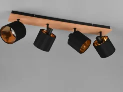 LED Deckenstrahler 4-flammig Holz, Stoffschirme Schwarz Gold, Breite 70cm