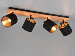 LED Deckenstrahler 4-flammig Holz, Stoffschirme Schwarz Gold, Breite 70cm