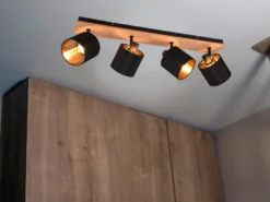 LED Deckenstrahler 4-flammig Holz, Stoffschirme Schwarz Gold, Breite 70cm