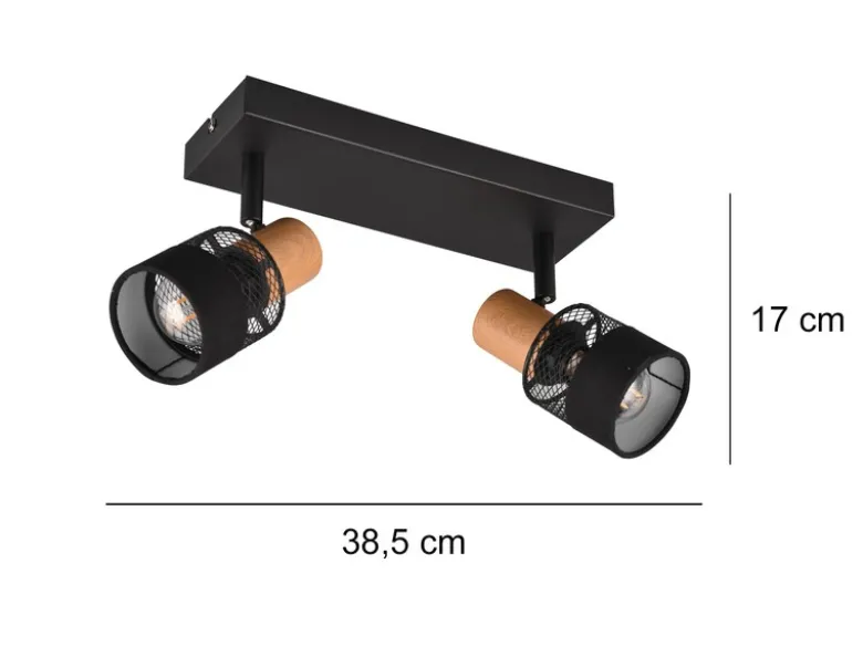LED Deckenstrahler 2-flammig, Holz & Draht-Stoff Lampenschirm, Breite 38,5cm