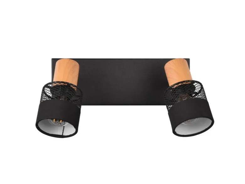 LED Deckenstrahler 2-flammig, Holz & Draht-Stoff Lampenschirm, Breite 38,5cm