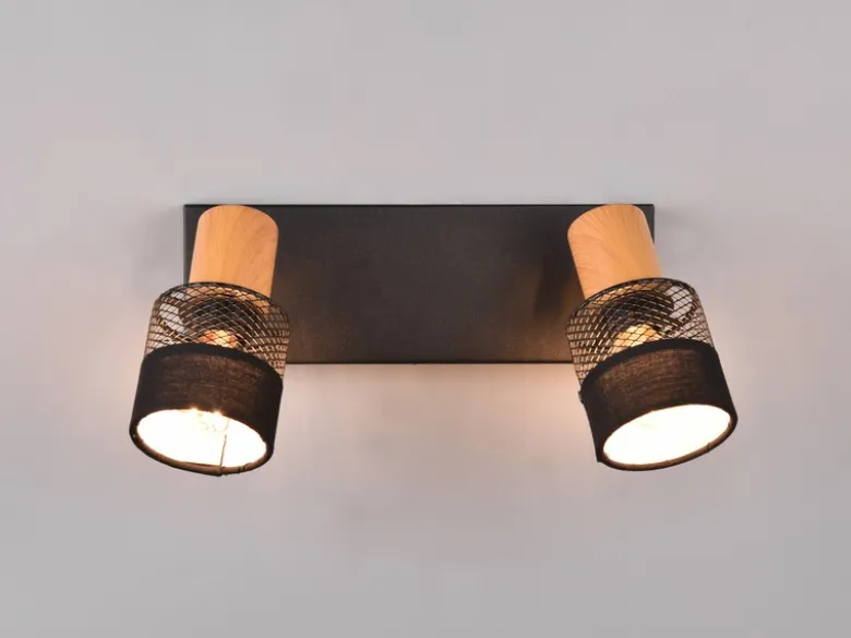LED Deckenstrahler 2-flammig, Holz & Draht-Stoff Lampenschirm, Breite 38,5cm