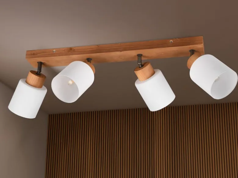 LED Deckenstrahler 4 flammig Korpus Holz & Glasschirme Weiß, Breite 60cm