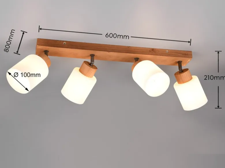 LED Deckenstrahler 4 flammig Korpus Holz & Glasschirme Weiß, Breite 60cm