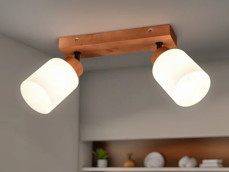 LED Deckenstrahler 2 flammig Korpus Holz & Glasschirme Weiß, Breite 30cm