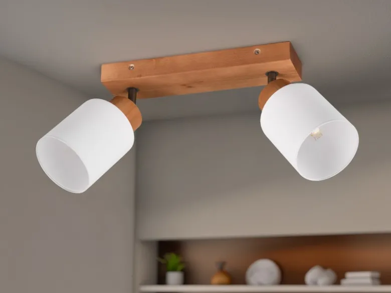 LED Deckenstrahler 2 flammig Korpus Holz & Glasschirme Weiß, Breite 30cm